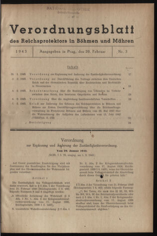 Verordnungsblatt des Reichsprotektors in Böhmen und Mähren: = Věstník nařízení Reichsprotektora in Böhmen und Mähren 19430220 Seite: 1