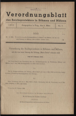 Verordnungsblatt des Reichsprotektors in Böhmen und Mähren: = Věstník nařízení Reichsprotektora in Böhmen und Mähren 19430306 Seite: 1