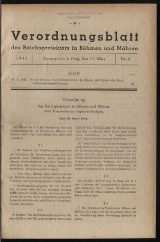 Verordnungsblatt des Reichsprotektors in Böhmen und Mähren: = Věstník nařízení Reichsprotektora in Böhmen und Mähren 19430317 Seite: 1