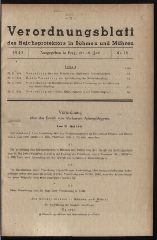 Verordnungsblatt des Reichsprotektors in Böhmen und Mähren: = Věstník nařízení Reichsprotektora in Böhmen und Mähren 19430610 Seite: 1