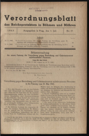 Verordnungsblatt des Reichsprotektors in Böhmen und Mähren: = Věstník nařízení Reichsprotektora in Böhmen und Mähren 19430701 Seite: 1