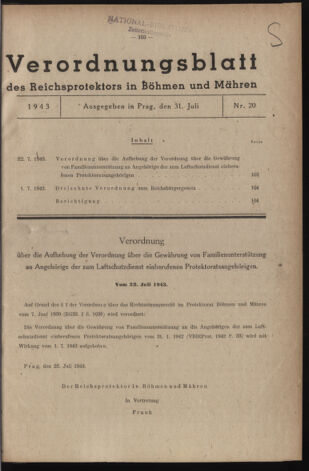 Verordnungsblatt des Reichsprotektors in Böhmen und Mähren: = Věstník nařízení Reichsprotektora in Böhmen und Mähren 19430731 Seite: 1