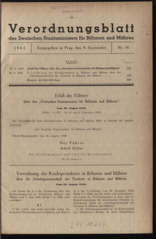 Verordnungsblatt des Reichsprotektors in Böhmen und Mähren: = Věstník nařízení Reichsprotektora in Böhmen und Mähren 19430909 Seite: 1