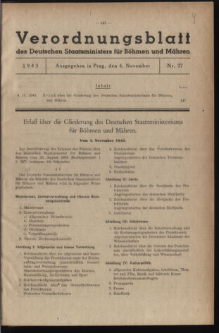 Verordnungsblatt des Reichsprotektors in Böhmen und Mähren: = Věstník nařízení Reichsprotektora in Böhmen und Mähren 19431104 Seite: 1