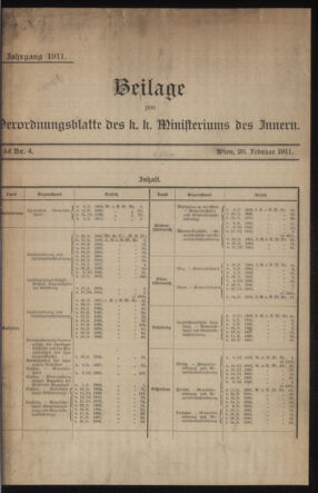 Verordnungsblatt des k.k. Ministeriums des Innern. Beibl.. Beiblatt zu dem Verordnungsblatte des k.k. Ministeriums des Innern. Angelegenheiten der staatlichen Veterinärverwaltung. (etc.) 19110228 Seite: 1