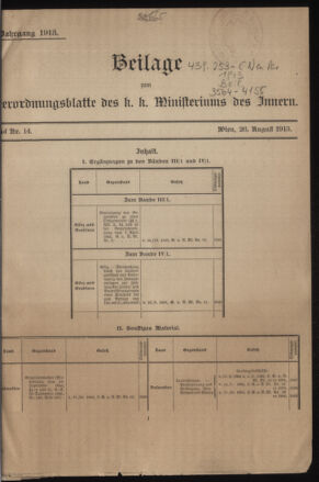 Verordnungsblatt des k.k. Ministeriums des Innern. Beibl.. Beiblatt zu dem Verordnungsblatte des k.k. Ministeriums des Innern. Angelegenheiten der staatlichen Veterinärverwaltung. (etc.) 19130826 Seite: 1