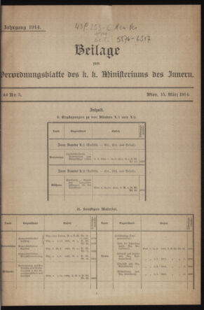 Verordnungsblatt des k.k. Ministeriums des Innern. Beibl.. Beiblatt zu dem Verordnungsblatte des k.k. Ministeriums des Innern. Angelegenheiten der staatlichen Veterinärverwaltung. (etc.) 19140315 Seite: 1