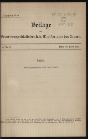 Verordnungsblatt des k.k. Ministeriums des Innern. Beibl.. Beiblatt zu dem Verordnungsblatte des k.k. Ministeriums des Innern. Angelegenheiten der staatlichen Veterinärverwaltung. (etc.) 19150430 Seite: 1