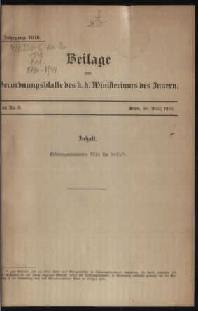 Verordnungsblatt des k.k. Ministeriums des Innern. Beibl.. Beiblatt zu dem Verordnungsblatte des k.k. Ministeriums des Innern. Angelegenheiten der staatlichen Veterinärverwaltung. (etc.) 19180330 Seite: 1