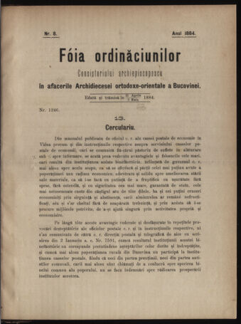 Verordnungsblatt des erzbischöfl. Konsistoriums die Angelegenheiten der orthod. -oriental. Erzdiözese der Bukowina betreffend 18840421 Seite: 1