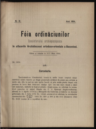 Verordnungsblatt des erzbischöfl. Konsistoriums die Angelegenheiten der orthod. -oriental. Erzdiözese der Bukowina betreffend 18840505 Seite: 1