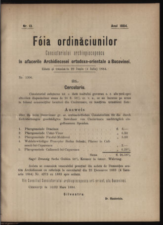 Verordnungsblatt des erzbischöfl. Konsistoriums die Angelegenheiten der orthod. -oriental. Erzdiözese der Bukowina betreffend 18840622 Seite: 1