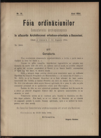 Verordnungsblatt des erzbischöfl. Konsistoriums die Angelegenheiten der orthod. -oriental. Erzdiözese der Bukowina betreffend 18840804 Seite: 1