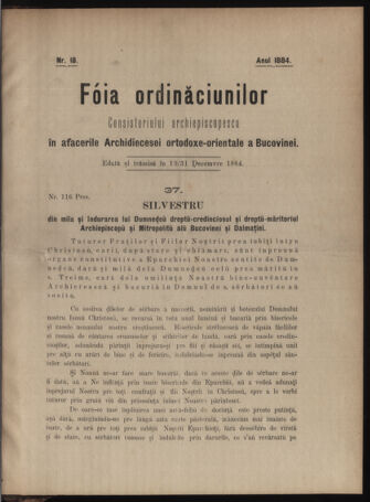 Verordnungsblatt des erzbischöfl. Konsistoriums die Angelegenheiten der orthod. -oriental. Erzdiözese der Bukowina betreffend 18841219 Seite: 1