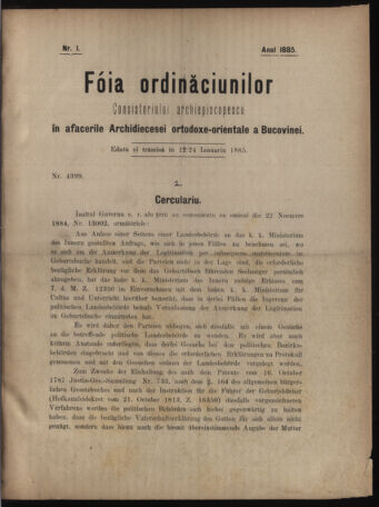 Verordnungsblatt des erzbischöfl. Konsistoriums die Angelegenheiten der orthod. -oriental. Erzdiözese der Bukowina betreffend 18850112 Seite: 1