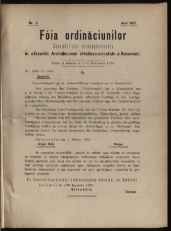 Verordnungsblatt des erzbischöfl. Konsistoriums die Angelegenheiten der orthod. -oriental. Erzdiözese der Bukowina betreffend 18850201 Seite: 1