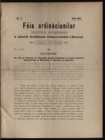 Verordnungsblatt des erzbischöfl. Konsistoriums die Angelegenheiten der orthod. -oriental. Erzdiözese der Bukowina betreffend 18850213 Seite: 1