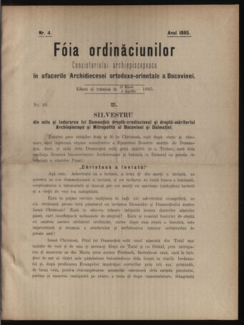 Verordnungsblatt des erzbischöfl. Konsistoriums die Angelegenheiten der orthod. -oriental. Erzdiözese der Bukowina betreffend 18850323 Seite: 1