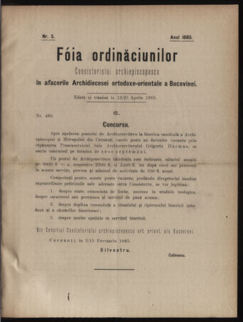 Verordnungsblatt des erzbischöfl. Konsistoriums die Angelegenheiten der orthod. -oriental. Erzdiözese der Bukowina betreffend 18850413 Seite: 1