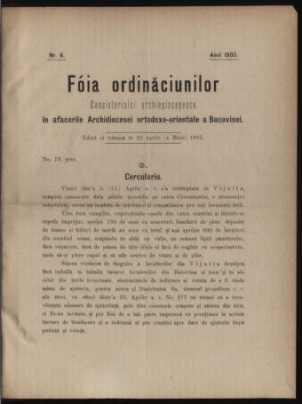 Verordnungsblatt des erzbischöfl. Konsistoriums die Angelegenheiten der orthod. -oriental. Erzdiözese der Bukowina betreffend 18850422 Seite: 1