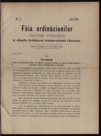 Verordnungsblatt des erzbischöfl. Konsistoriums die Angelegenheiten der orthod. -oriental. Erzdiözese der Bukowina betreffend 18850501 Seite: 1