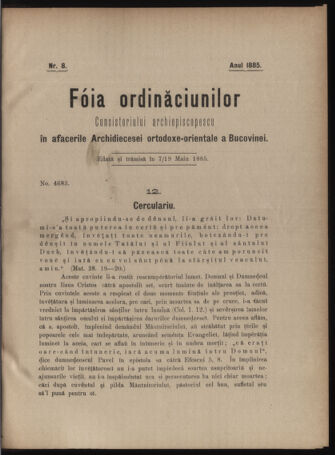 Verordnungsblatt des erzbischöfl. Konsistoriums die Angelegenheiten der orthod. -oriental. Erzdiözese der Bukowina betreffend 18850507 Seite: 1