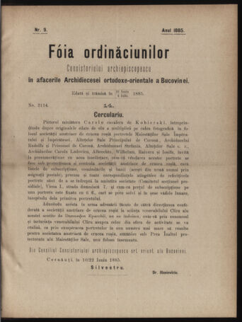 Verordnungsblatt des erzbischöfl. Konsistoriums die Angelegenheiten der orthod. -oriental. Erzdiözese der Bukowina betreffend 18850622 Seite: 1