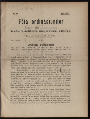 Verordnungsblatt des erzbischöfl. Konsistoriums die Angelegenheiten der orthod. -oriental. Erzdiözese der Bukowina betreffend 18850715 Seite: 1