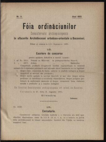 Verordnungsblatt des erzbischöfl. Konsistoriums die Angelegenheiten der orthod. -oriental. Erzdiözese der Bukowina betreffend 18850903 Seite: 1