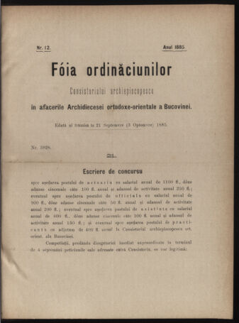 Verordnungsblatt des erzbischöfl. Konsistoriums die Angelegenheiten der orthod. -oriental. Erzdiözese der Bukowina betreffend 18850921 Seite: 1