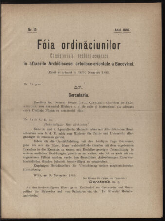 Verordnungsblatt des erzbischöfl. Konsistoriums die Angelegenheiten der orthod. -oriental. Erzdiözese der Bukowina betreffend 18851118 Seite: 1