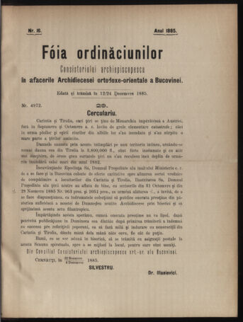 Verordnungsblatt des erzbischöfl. Konsistoriums die Angelegenheiten der orthod. -oriental. Erzdiözese der Bukowina betreffend 18851212 Seite: 1