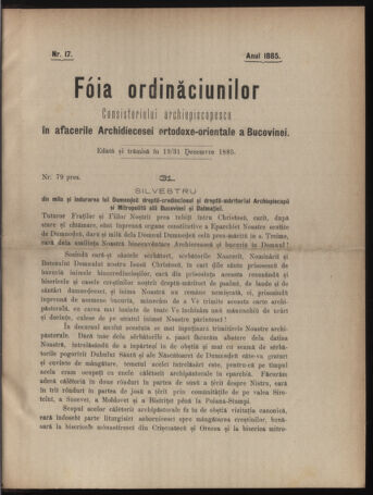 Verordnungsblatt des erzbischöfl. Konsistoriums die Angelegenheiten der orthod. -oriental. Erzdiözese der Bukowina betreffend 18851219 Seite: 1