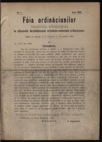 Verordnungsblatt des erzbischöfl. Konsistoriums die Angelegenheiten der orthod. -oriental. Erzdiözese der Bukowina betreffend 18860121 Seite: 1