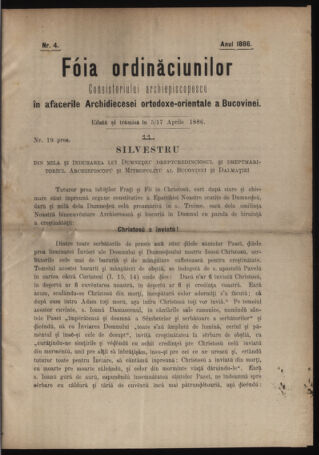 Verordnungsblatt des erzbischöfl. Konsistoriums die Angelegenheiten der orthod. -oriental. Erzdiözese der Bukowina betreffend 18860405 Seite: 1