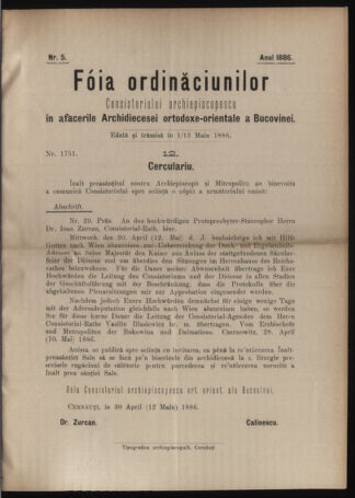 Verordnungsblatt des erzbischöfl. Konsistoriums die Angelegenheiten der orthod. -oriental. Erzdiözese der Bukowina betreffend 18860501 Seite: 1