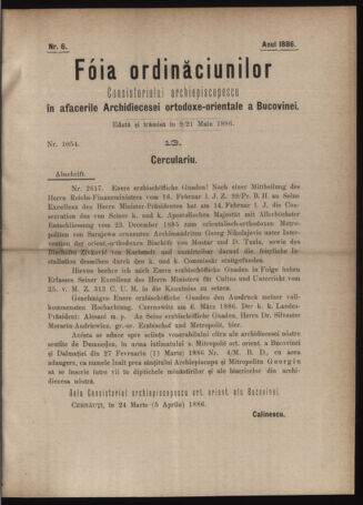 Verordnungsblatt des erzbischöfl. Konsistoriums die Angelegenheiten der orthod. -oriental. Erzdiözese der Bukowina betreffend 18860509 Seite: 1