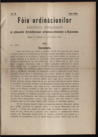 Verordnungsblatt des erzbischöfl. Konsistoriums die Angelegenheiten der orthod. -oriental. Erzdiözese der Bukowina betreffend 18860617 Seite: 1