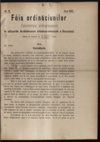 Verordnungsblatt des erzbischöfl. Konsistoriums die Angelegenheiten der orthod. -oriental. Erzdiözese der Bukowina betreffend 18861029 Seite: 1