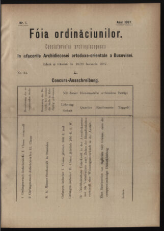 Verordnungsblatt des erzbischöfl. Konsistoriums die Angelegenheiten der orthod. -oriental. Erzdiözese der Bukowina betreffend 18870110 Seite: 1