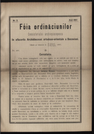 Verordnungsblatt des erzbischöfl. Konsistoriums die Angelegenheiten der orthod. -oriental. Erzdiözese der Bukowina betreffend 18870129 Seite: 1