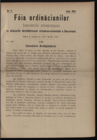 Verordnungsblatt des erzbischöfl. Konsistoriums die Angelegenheiten der orthod. -oriental. Erzdiözese der Bukowina betreffend 18870319 Seite: 1