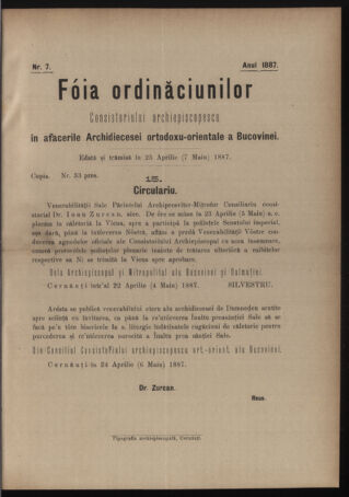 Verordnungsblatt des erzbischöfl. Konsistoriums die Angelegenheiten der orthod. -oriental. Erzdiözese der Bukowina betreffend 18870425 Seite: 1