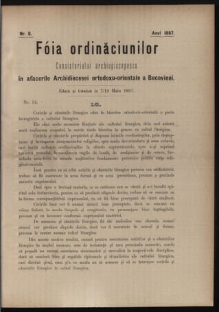 Verordnungsblatt des erzbischöfl. Konsistoriums die Angelegenheiten der orthod. -oriental. Erzdiözese der Bukowina betreffend 18870507 Seite: 1