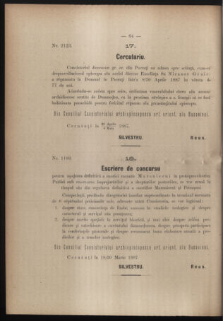 Verordnungsblatt des erzbischöfl. Konsistoriums die Angelegenheiten der orthod. -oriental. Erzdiözese der Bukowina betreffend 18870507 Seite: 14