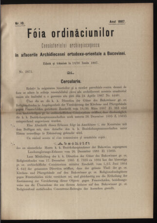 Verordnungsblatt des erzbischöfl. Konsistoriums die Angelegenheiten der orthod. -oriental. Erzdiözese der Bukowina betreffend 18870618 Seite: 1