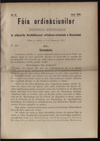 Verordnungsblatt des erzbischöfl. Konsistoriums die Angelegenheiten der orthod. -oriental. Erzdiözese der Bukowina betreffend 18870901 Seite: 1