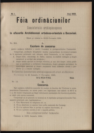 Verordnungsblatt des erzbischöfl. Konsistoriums die Angelegenheiten der orthod. -oriental. Erzdiözese der Bukowina betreffend 18880210 Seite: 1