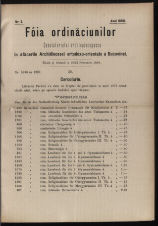 Verordnungsblatt des erzbischöfl. Konsistoriums die Angelegenheiten der orthod. -oriental. Erzdiözese der Bukowina betreffend 18880215 Seite: 1