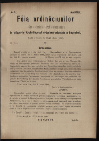 Verordnungsblatt des erzbischöfl. Konsistoriums die Angelegenheiten der orthod. -oriental. Erzdiözese der Bukowina betreffend 18880317 Seite: 1